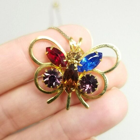 Vintage Colorful Rhinestone Butterfly Pendant Necklace, Gold Tone Setting, Estat - Picture 1 of 8